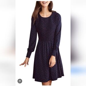 Boden Lena long-sleeve polka dot midi dress Smocked navy & Red sz 8.